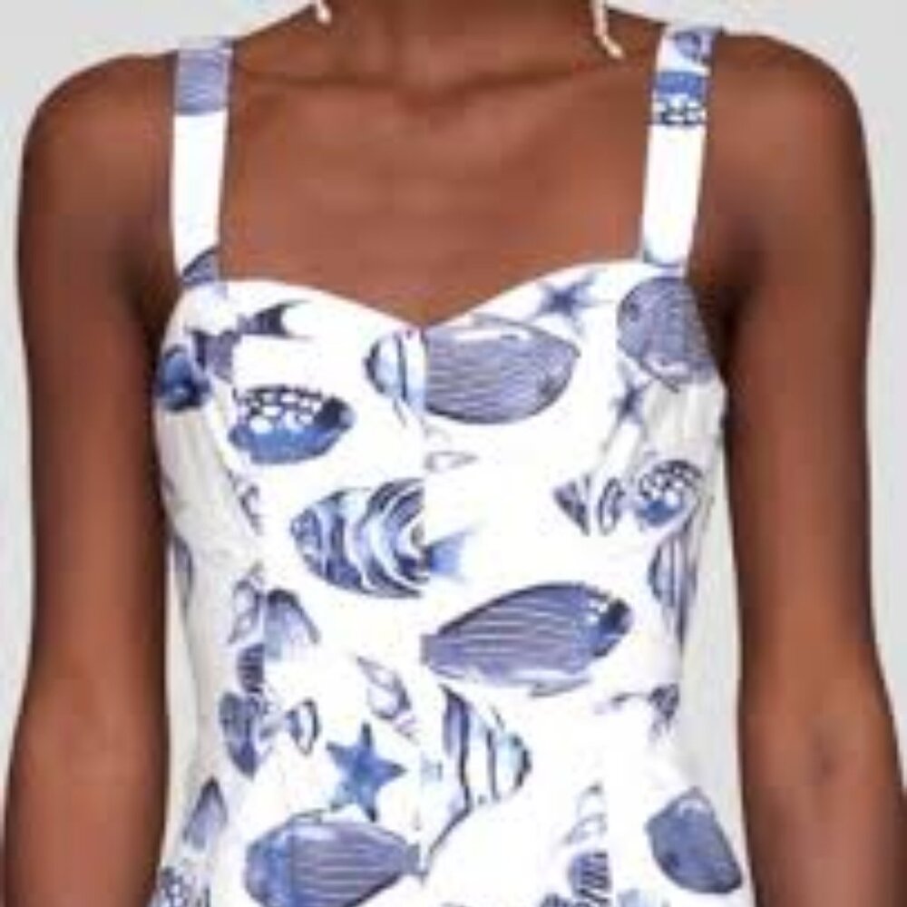 Avec Les Filles sea stars fish a line cotton blend white blue midi dress size 8